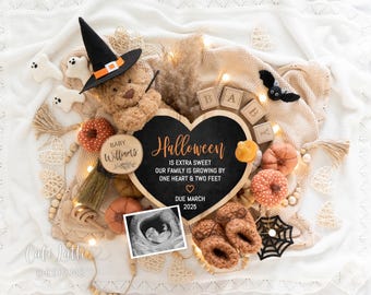 May include: A Halloween-themed pregnancy announcement with a heart-shaped chalkboard sign that reads "Halloween is extra sweet, our family is growing by one heart & two feet. Due March 2025". The sign is surrounded by pumpkins, a teddy bear wearing a witch hat, and a baby ultrasound image.