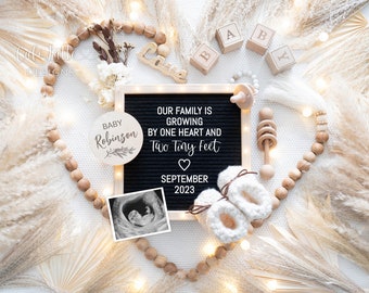 Digital Boho Pregnancy Announcement Social Media, Gender Neutral Baby, Editable DIY Template One Heart Two Feet Letter Board, Heart Pampas