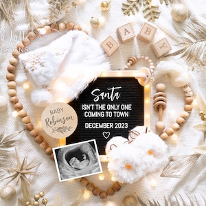 Christmas Pregnancy Announcement Social Media, Digital White Christmas Boho Baby, Santa Coming To Town Editable Template Letter Board DIY