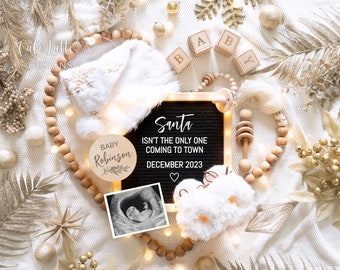 Christmas Pregnancy Announcement Social Media, Digital White Christmas Boho Baby, Santa Coming To Town Editable Template Letter Board DIY