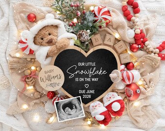 Christmas Pregnancy Reveal, Baby Announcement Digital, Gender Neutral Boho Editable Template DIY, Little Snowflake
