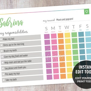May include: A printable chore chart for kids featuring a rainbow color scheme. The chart is titled "Sabrina, my responsibilities" and lists chores such as "Make my bed", "Dress up in the morning", and "Brush my teeth". The chart also includes a section for tracking daily completion with a reward of "Movie and popcorn!"