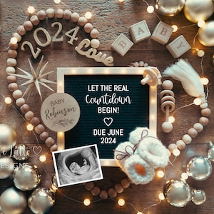 New Years Pregnancy Announcement, New Year Gold Boho Baby Announcement With Heart, Let The Real Countdown Begin Digital Editable Template