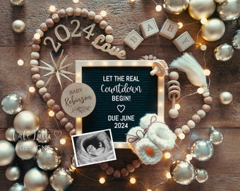 New Years Pregnancy Announcement, New Year Gold Boho Baby Announcement With Heart, Let The Real Countdown Begin Digital Editable Template