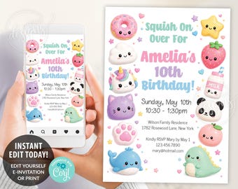 Squishy Kawaii Birthday Invitation Editable Template, Viral Squishies Printable Birthday Invite, Personalized Squish On Over, Digital