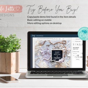 May include: A laptop screen displaying a mockup of a baby shower invitation with a pink and white color scheme. The invitation features a photo of a baby's ultrasound and the text "We've been keeping a little secret". The text "Baby Robinson August 2023" is also included. The laptop is on a white table with a potted plant and a cell phone.