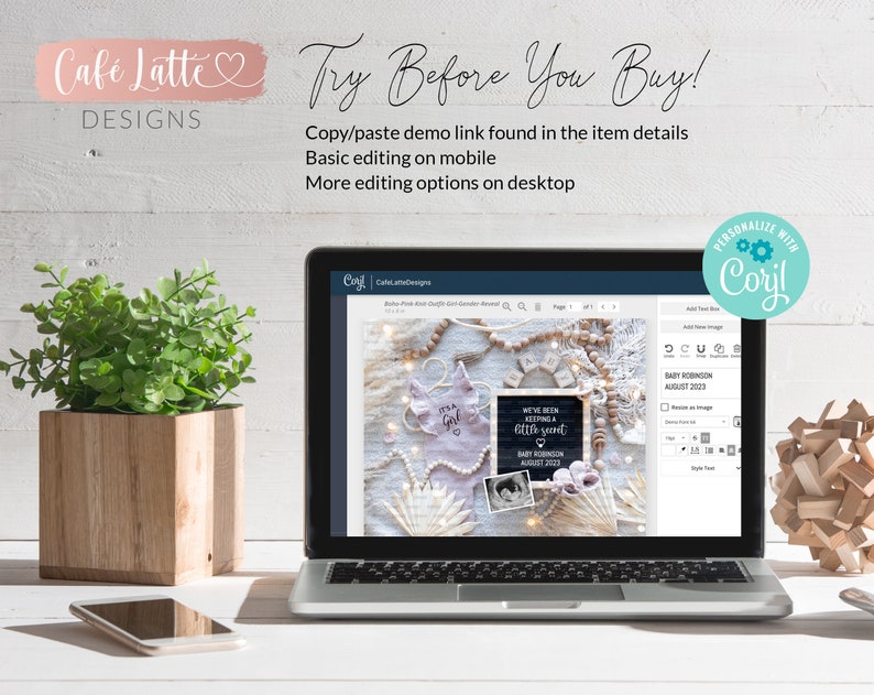 May include: A laptop screen displaying a mockup of a baby shower invitation with a pink and white color scheme. The invitation features a photo of a baby's ultrasound and the text "We've been keeping a little secret". The text "Baby Robinson August 2023" is also included. The laptop is on a white table with a potted plant and a cell phone.