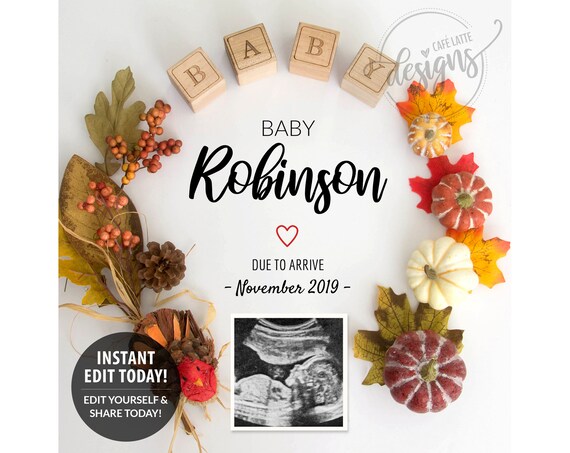 FALL Pregnancy Announcement Editable, Baby Announcement Edit Yourself in Corjl, Digital Instant Reveal Social Media, Autumn Thanksgiving DIY Il_570xn