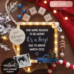 Editable Navidad Niño Género Revela Redes Sociales, Razón para Estar Feliz Es un Niño Letter Board Blue Truck Embarazo Anuncio Digital DIY