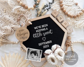 Digital Boho Pregnancy Announcement Social Media, Gender Neutral Baby, Editable Template Keeping a Secret Hexagon Letter Board, Corjl DIY