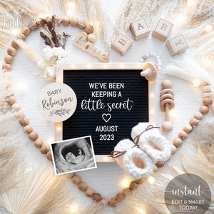 Digital Boho Pregnancy Announcement Social Media, Gender Neutral Baby, Editable DIY Template Keeping a Secret Letter Board, Heart Wood Beads