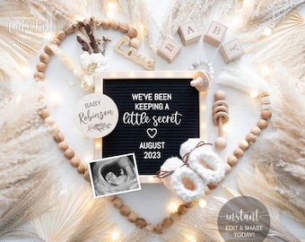 Digital Boho Pregnancy Announcement Social Media, Gender Neutral Baby, Editable DIY Template Keeping a Secret Letter Board, Heart Wood Beads