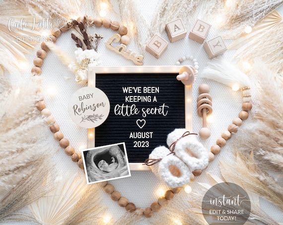 Digital Boho Pregnancy Announcement Social Media, Gender Neutral Baby, Editable DIY Template Keeping a Secret Letter Board, Heart Wood Beads Il_570xn