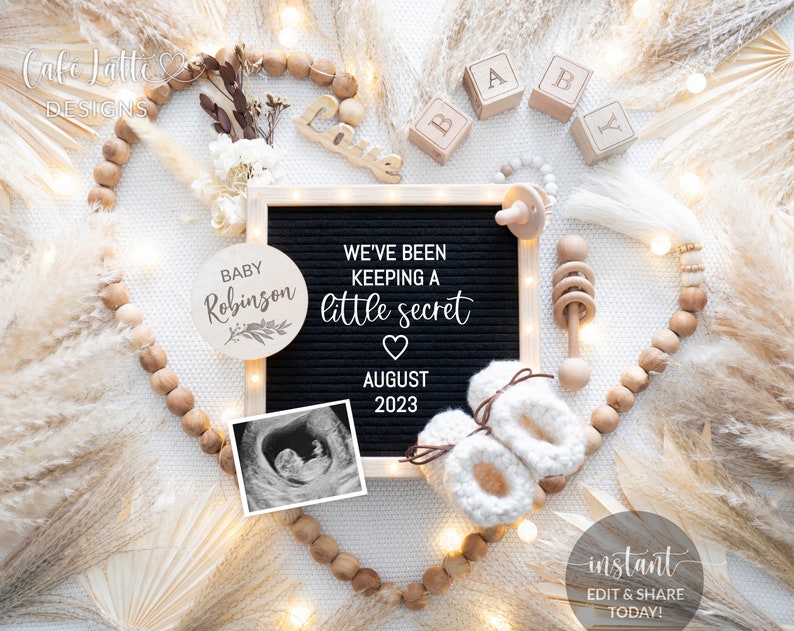 Baby Announcement Digital Boho Letter Board Template For Social Media, Pregnancy Announcement Digital Image With Heart Shape Wooden Beads, Keeping A Little Secret