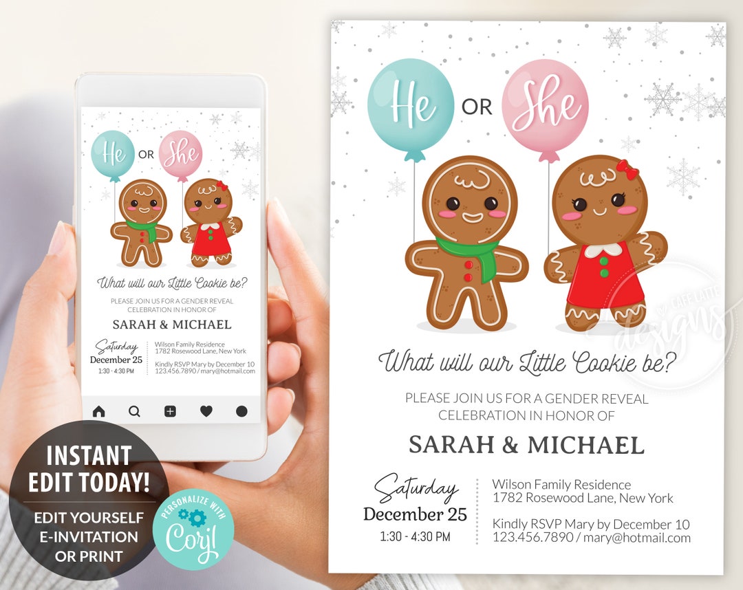 Christmas Gender Reveal Invitation Editable Printable, He or She