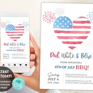 Quarto di luglio BBQ Invitation Modello modificabile stampabile, Rosso bianco e blu E-Invitation Party Invite, Firecrackers USA Flag, Instant DIY