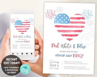 Fourth of July BBQ Invitation Editable Template Printable, Red White & Blue E-Invitation Party Invite, Firecrackers USA Flag, Instant DIY