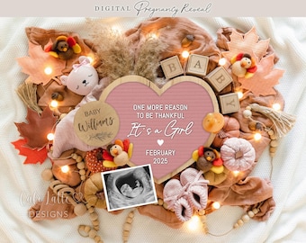 Thanksgiving Girl Gender Reveal, Its a Girl Pregnancy Announcement Social Media, Boho Thanksgiving Baby, Digital Editable Template, Autumn
