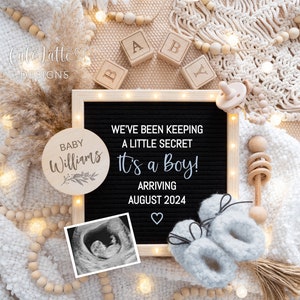 Anuncio digital de revelación de género de niño estilo bohemio para redes sociales, anuncio de embarazo de niño, plantilla editable para tablero de letras "Es un niño", Pampas, bricolaje