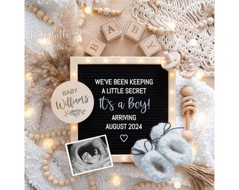 Boho Boy Gender Reveal Digital For Social Media, Boy Baby Pregnancy Announcement, Its A Boy Letter Board Editable Template, Pampas, DIY