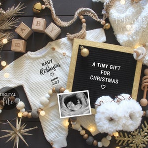 Digital Christmas Pregnancy Announcement Social Media, The More The Merrier, One More Reason to be Merry, Black Gold Winter December Baby Tiny Gift for Xmas