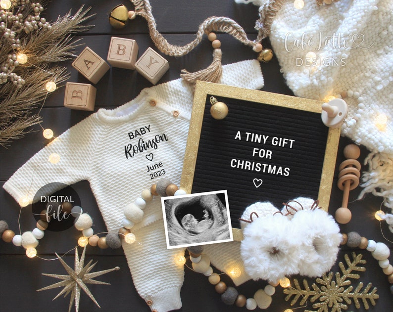 Digital Christmas Pregnancy Announcement Social Media, The More The Merrier, One More Reason to be Merry, Black Gold Winter December Baby Tiny Gift for Xmas