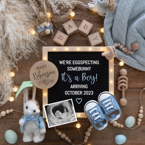 Revelación de género de niño de Pascua para redes sociales, Eggspecting Somebunny Digital Pregnancy Its A Boy Baby, Plantilla de tablero de letras DIY editable, Conejito
