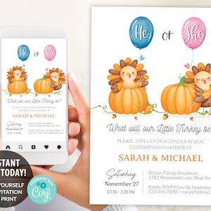 Plantilla editable para invitación de revelación de género para Acción de Gracias, invitación electrónica para fiesta de pavo pequeño para él o ella, Corjl DIY