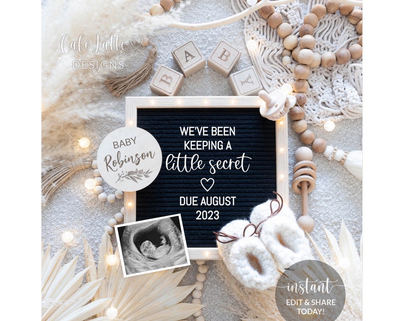 Pregnancy Announcement Digital Gender Neutral Theme For Social Media, Keeping A Little Secret Baby Announcement Digital Letter Board Template