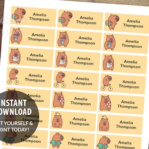Back to School Editable Printable Name Tags, Personalized Back to School Capybara Name Labels Template, Instant Download Labels for Kids DIY