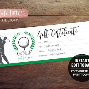 Plantilla editable e imprimible de certificado de regalo de golf, cupón de regalo de golf personalizado para papá, lecciones de golf, Corjl instantáneo para hacer uno mismo, regalo de último momento
