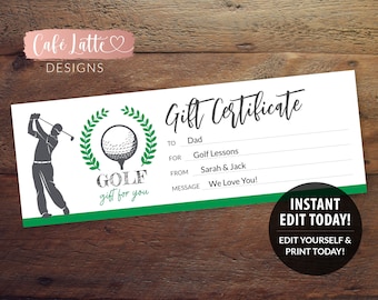GOLF Gift Certificate Editable Template Printable, Personalized Golf Gift Coupon for Dad, Golf Lessons, Instant DIY Corjl, Last Minute Gift
