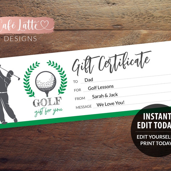 GOLF Gift Certificate Editable Template Printable, Personalized Golf Gift Coupon for Dad, Golf Lessons, Instant DIY Corjl, Last Minute Gift