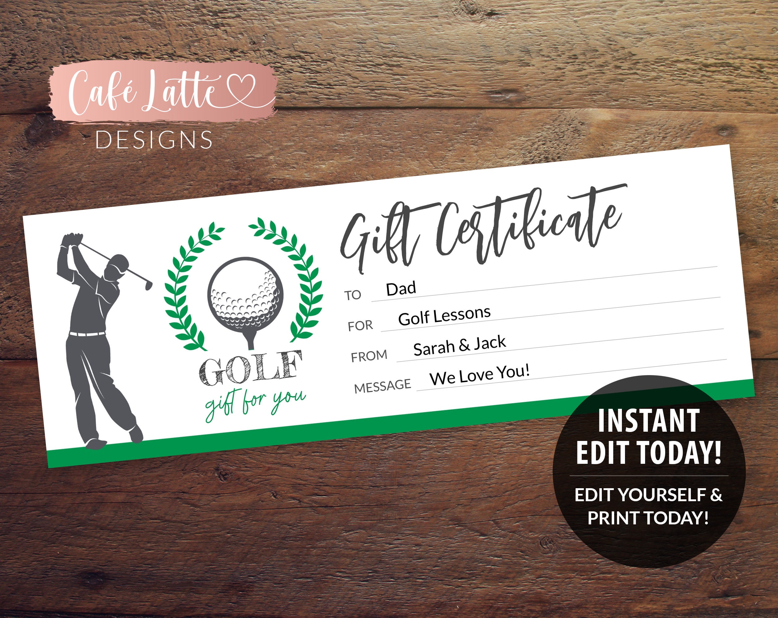 GOLF Gift Certificate Editable Template Printable, Personalized Golf Gift  Coupon for Dad, Golf Lessons, Instant DIY Corjl, Last Minute Gift For Golf Gift Certificate Template