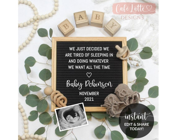 Editable Pregnancy Announcement Social Media, Tired of Sleeping In Letter Board Digital, Gender Neutral Baby, Greenery, Printable DIY Corjl Il_570xn