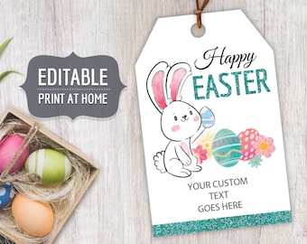 Happy Easter Printable Gift Tags, Editable Personalized Favor Tags Template with Easter Eggs and Bunny Rabbit, Instant Download Labels Kids