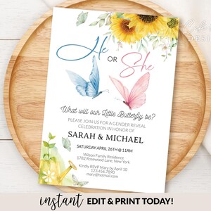 Plantilla editable de invitación para revelar el género de tu bebé con diseño de mariposa, invitación electrónica para fiesta de primavera y verano (para él y ella), tarjeta digital, imprimible al instante.