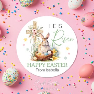 easter stickers printable, easter stickers template, easter cricut stickers, he is risen stickers, avery easter stickers religious cross and bunny rabbit, easter round label template, easter 3 inch round labels editable template, instant download DIY, Easter candy treat bag gift tags for church