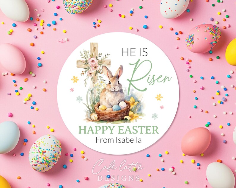 easter stickers printable, easter stickers template, easter cricut stickers, he is risen stickers, avery easter stickers religious cross and bunny rabbit, easter round label template, easter 3 inch round labels editable template, instant download DIY, Easter candy treat bag gift tags for church