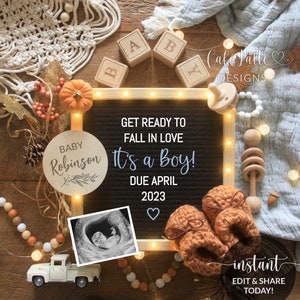 Digital Fall Boy Género Revelación Anuncio Redes Sociales, Boho Fall Es un niño bebé carta tablero embarazo plantilla editable, Instagram DIY