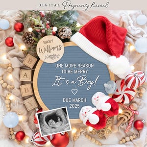 Anuncio de género de niño en Navidad, anuncio digital de embarazo de niño para redes sociales, gorro de Papá Noel con motivo de alegría, plantilla editable