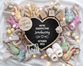 Easter Pregnancy Announcement Social Media, Eggspecting Somebunny Boho Digital Gender Neutral Baby, Editable Heart Board, Colorful Bunnies