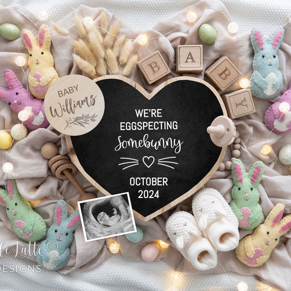 Easter Pregnancy Announcement Social Media, Eggspecting Somebunny Boho Digital Gender Neutral Baby, Editable Heart Board, Colorful Bunnies