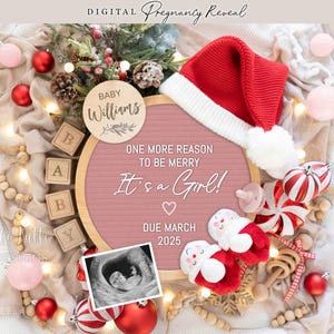 Sexe fille Noël révélé, faire-part de grossesse bébé fille numérique pour les médias sociaux, modèle modifiable bonnet de noel, raisons d'être joyeux