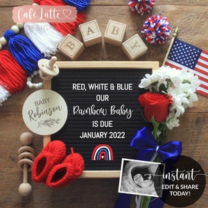 Anuncio editable del embarazo Redes sociales, rojo blanco y azul nuestro bebé arco iris se debe a letter board digital, 4 de julio bebé, bricolaje imprimible