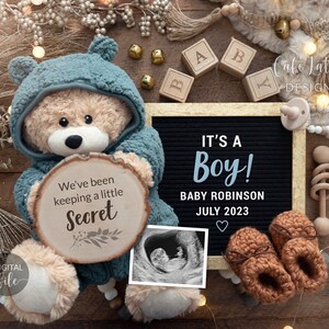 Revelación de género de Año Nuevo para niño digital en redes sociales, cuenta regresiva: es un niño, diferentes tipos de anuncios de embarazo, estilo bohemio azul.