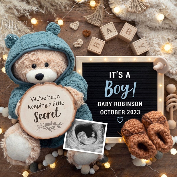 Boy Baby Gender Reveal for Social Media, Its a Boy Digital Pregnancy Announcement, Boho Baby Keeping A Secret Letter Board With Blue Bear