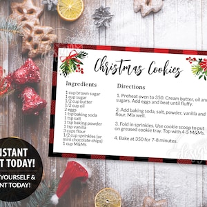 Weihnachtsrezeptkarten editierbar druckbar, Weihnachtsplätzchen Kochen Backen Geschenkidee, Büffel kariert, Postkarte 4x6, Digitale Vorlage Instant DIY