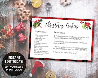 Christmas Recipe Cards Editable Printable, Xmas Cookies Cooking Baking Gift Idea, Buffalo Plaid, Postcard 4x6, Digital Template Instant DIY