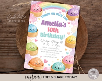 Squishy Dumpling Birthday Invitation Editable Template, Glitter Dumplings Printable Birthday Invite, Personalized Squish On Over, Digital